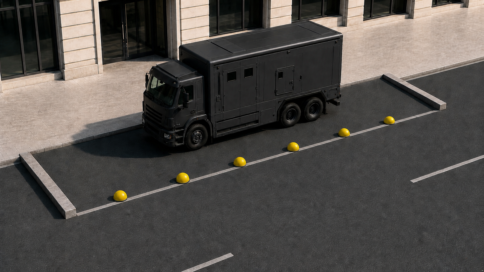 Camion blindé de transport de fonds stationné le long du trottoir dans une place en retrait protégée par six bornes demi-sphère jaunes côté route