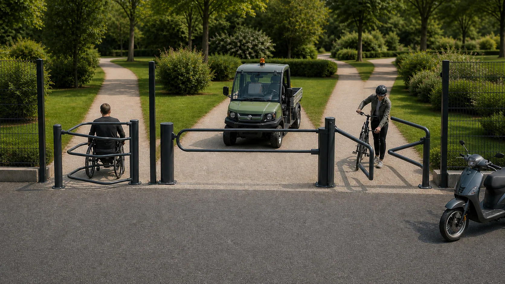 Mise en situation d’un accès de parc avec passe-vélo à droite, barrière tournante et barrière sélective